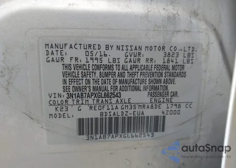 2016 Nissan Sentra Fe+ S/S/Sl/Sr/Sv from USA, damaged, VIN 3N1AB7APXGL662543